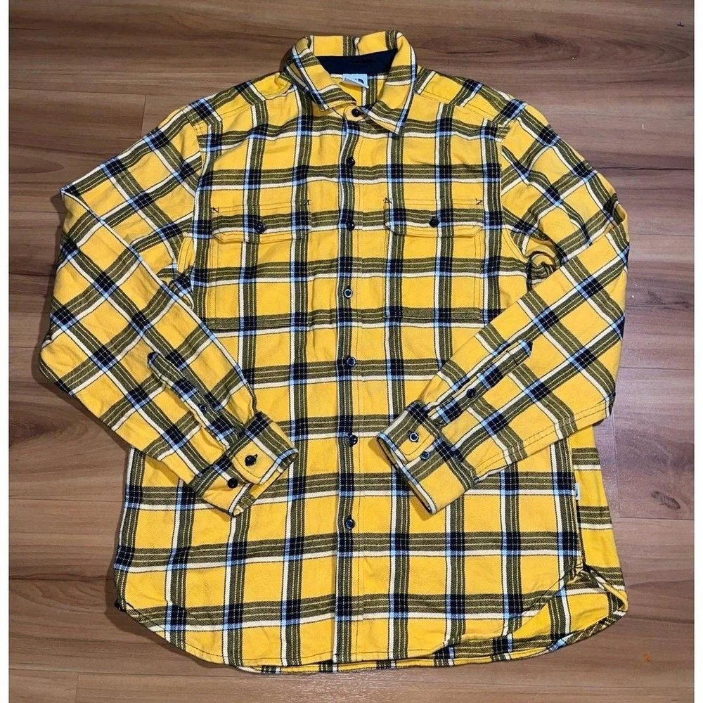 The North Face Flannel Plaid Button Down Pockets Thick Black Yellow Shirt